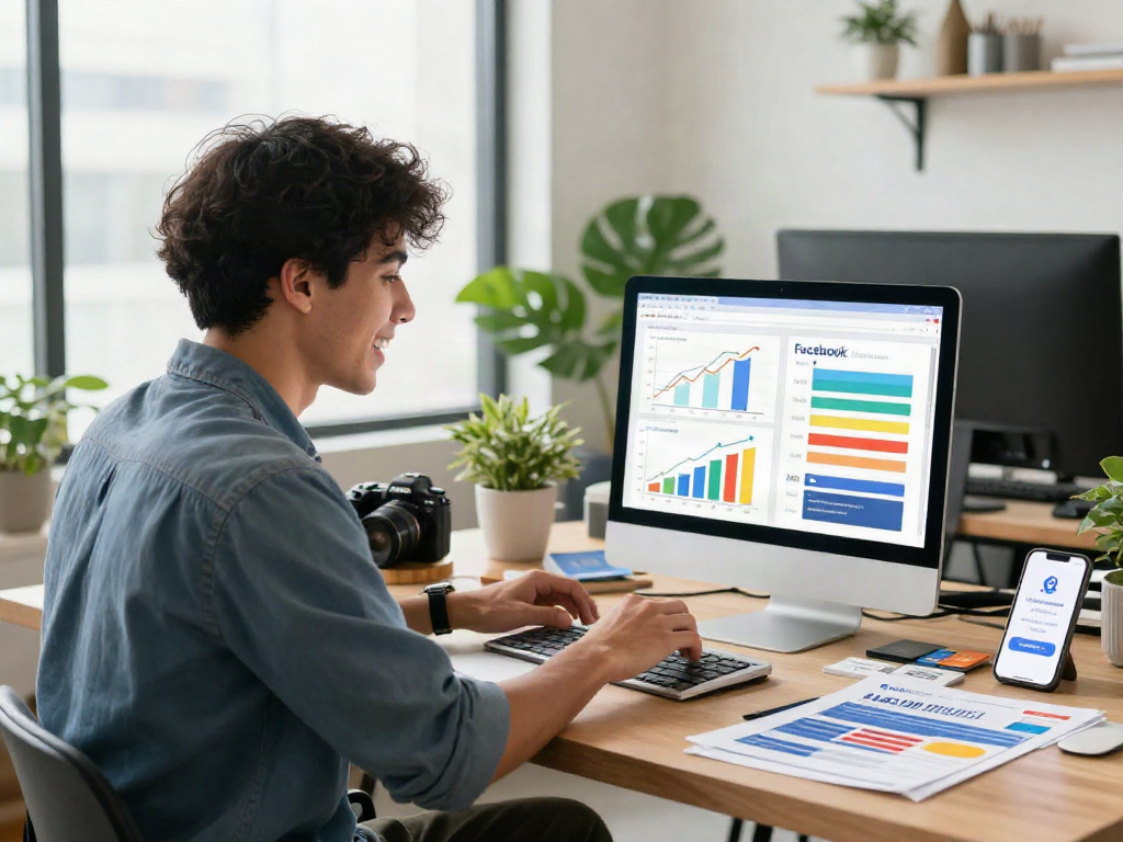 Facebook Follower kaufen - Unternehmer analysiert soziale Medien für Wachstum in modernem Büro.