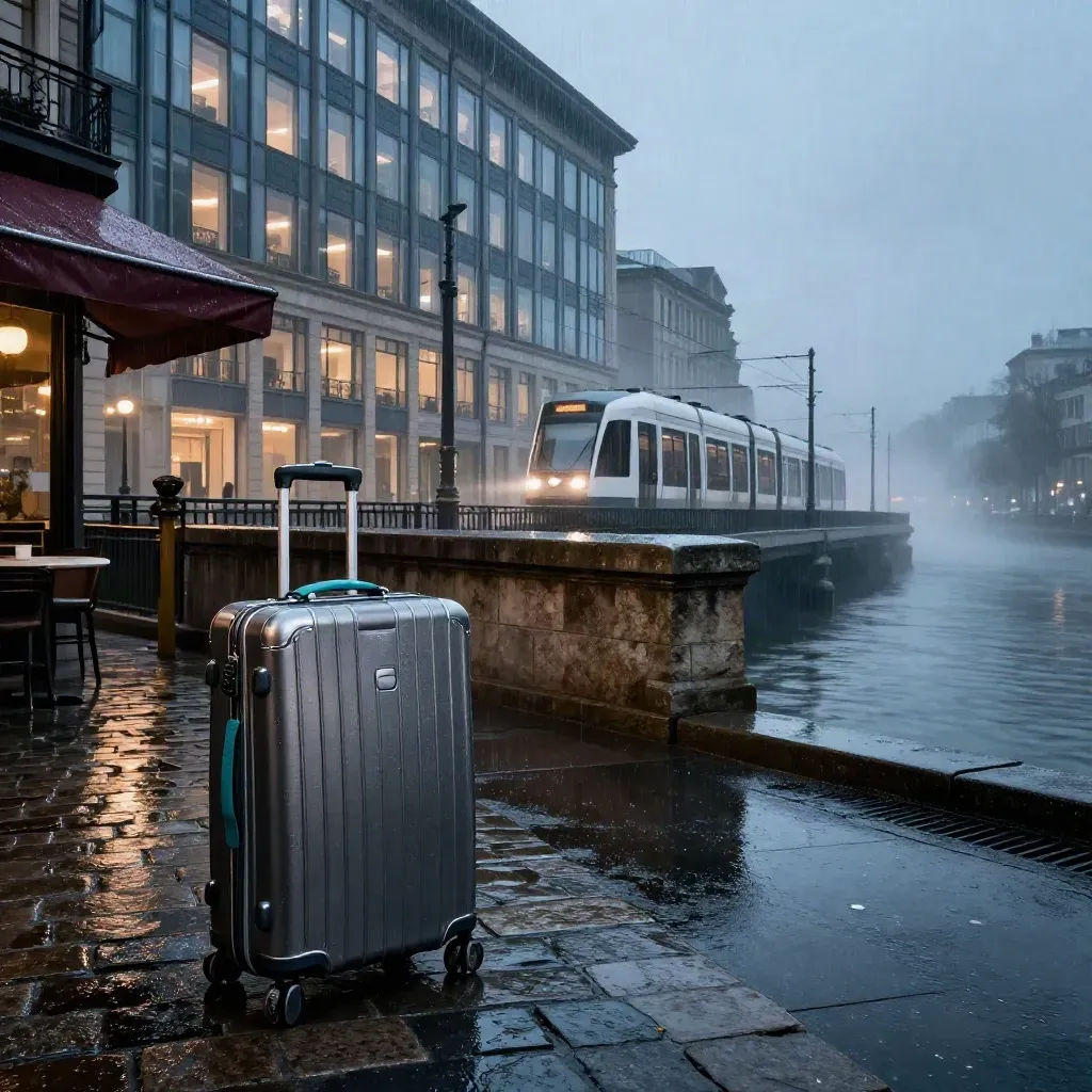 Koffer auf nassen Pflastersteinen vor Brücke, Hotel und Tram im Morgennebel