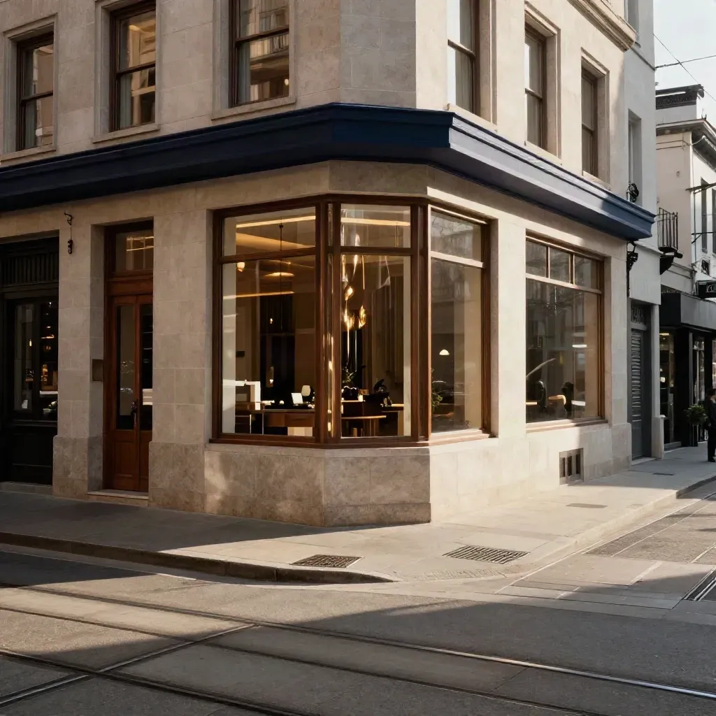 Hotel-Eckhaus an der Tramstrecke mit hellem Lobbyeinzug und Mittagsschatten.