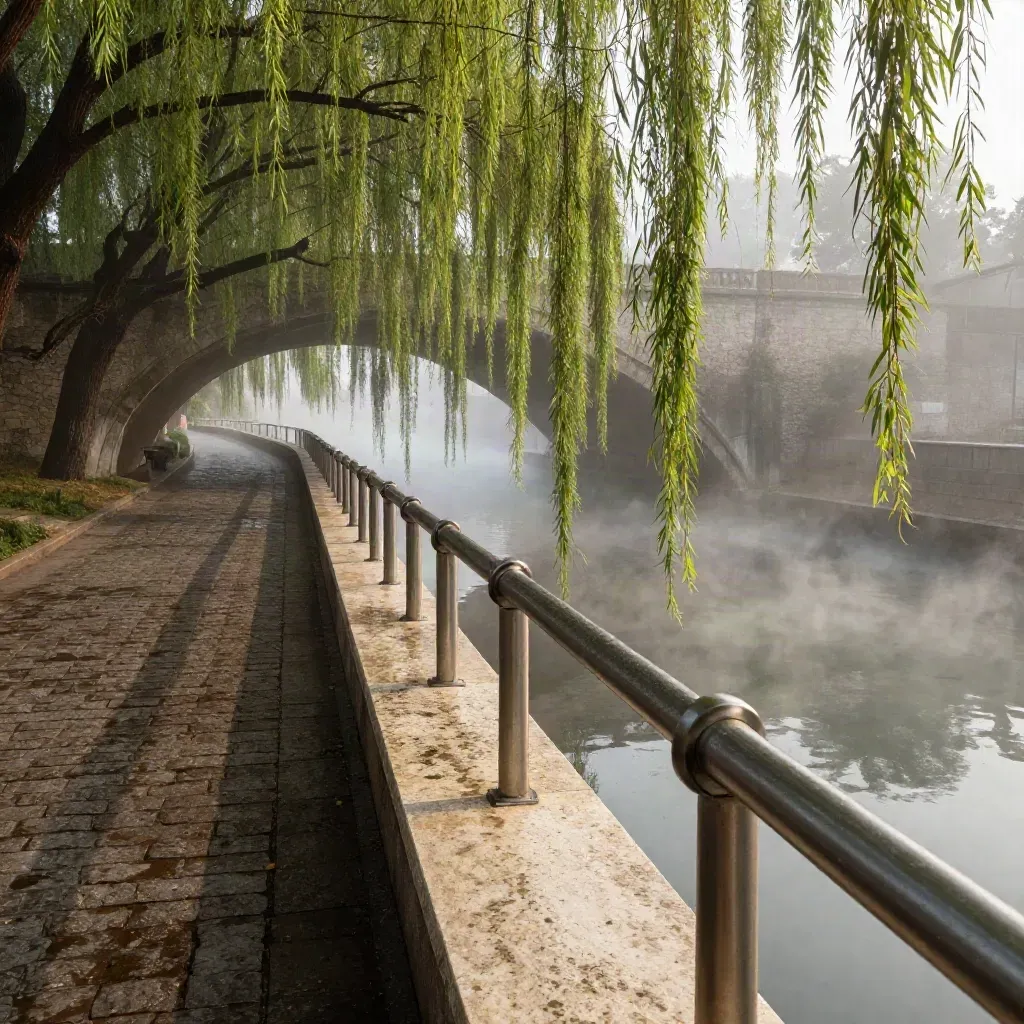 Brücke über ruhigen Kanal mit Fahrradgeländer und Nebel am Morgen
