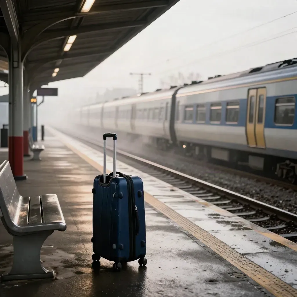 Navy-Koffer am Bahnsteig, nasse Gleise und ein Zug im Dunst bei frühem Morgenlicht.