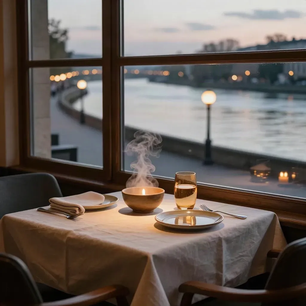 Bistrotisch am Flussfenster, dampfende Suppe und leuchtender Uferweg in der Dämmerung