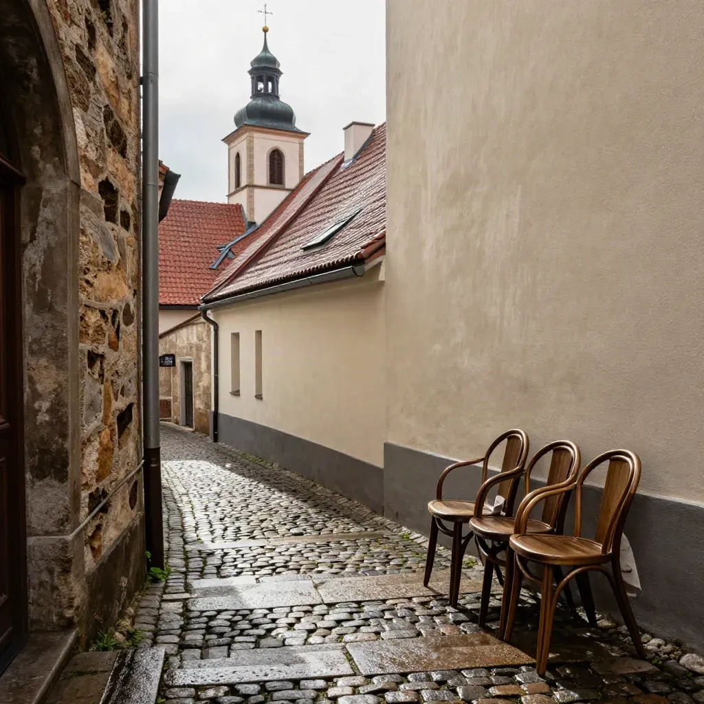 Blick von einem Balkon auf eine nasse Altstadtgasse mit Stufen, Stühlen und Kirchturm.