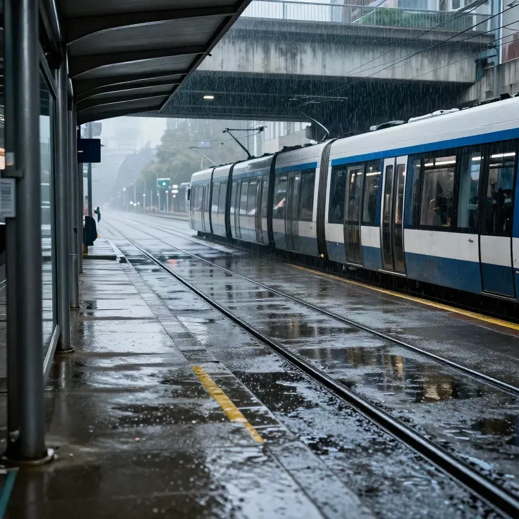 Regen an einer Straßenbahn-Haltestelle unter einer Brücke mit nassen Schienen und vorbeifahrender Bahn.