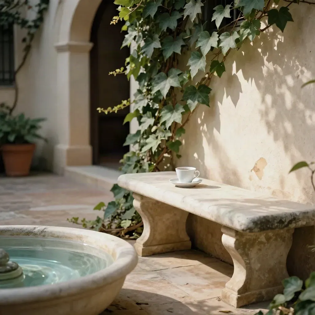 Ruhige Hofbank mit Efeu, Kaffeetasse und stillem Brunnen im warmen Licht
