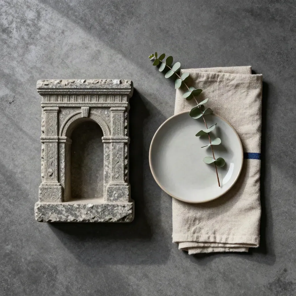 Steinbogen-Miniatur mit Keramikschale, Leinen und Eukalyptus auf Beton.