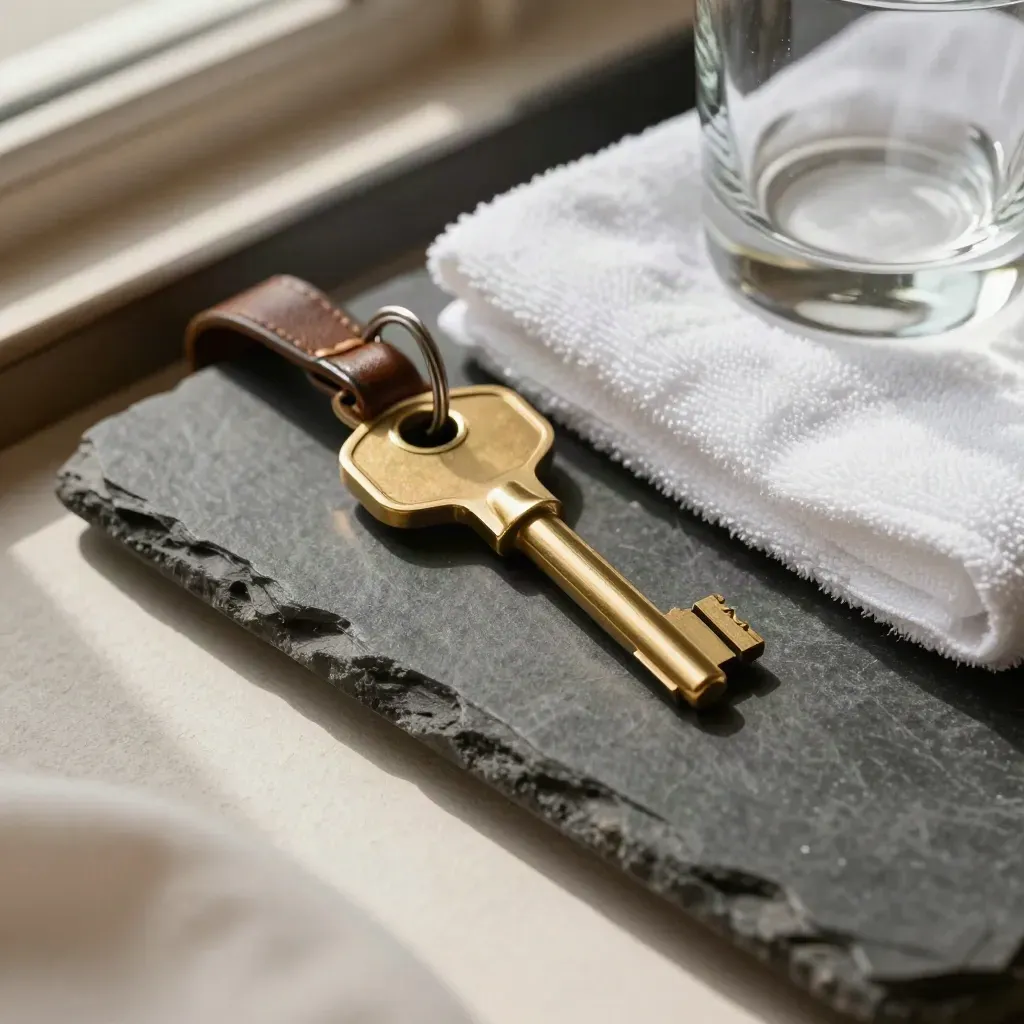 Brassschlüssel mit Lederanhänger, weißem Handtuch und Glas auf dunkler Steinschale.