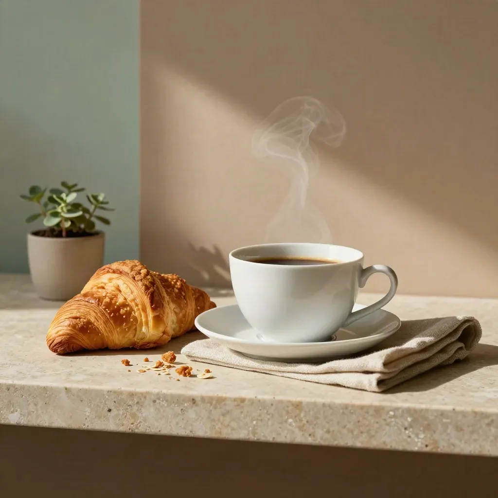 Kaffeetasse mit Croissant, Leinenserviette und Kräutertopf auf Steinsims.
